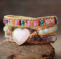 Bracelet 3 Brins en Cuir Rose et Tourmaline – Bijou Bohème Fait Main