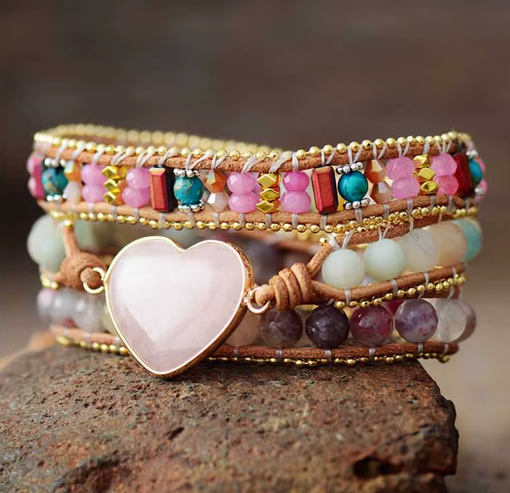 Bracelet 3 Brins en Cuir Rose et Tourmaline – Bijou Bohème Fait Main
