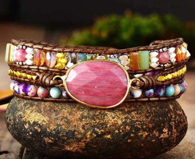 Bracelet Wrap Rhodonite & Jaspe – Cuir Naturel