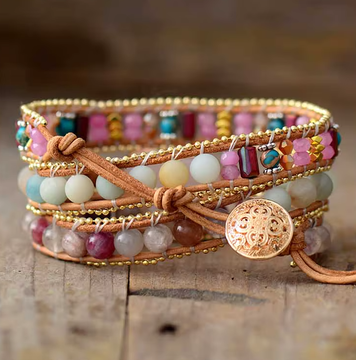 Bracelet 3 Brins en Cuir Rose et Tourmaline – Bijou Bohème Fait Main