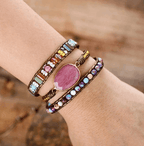 Bracelet Wrap Rhodonite & Jaspe – Cuir Naturel