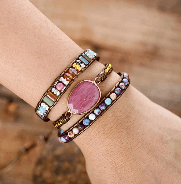 Bracelet Wrap Rhodonite & Jaspe – Cuir Naturel