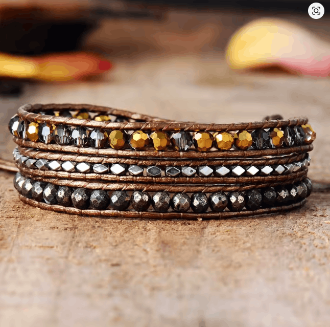 Bracelet Wrap en Cuir Tressé & Pyrite – 3 Tours