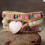 Bracelet 3 Brins en Cuir Rose et Tourmaline – Bijou Bohème Fait Main
