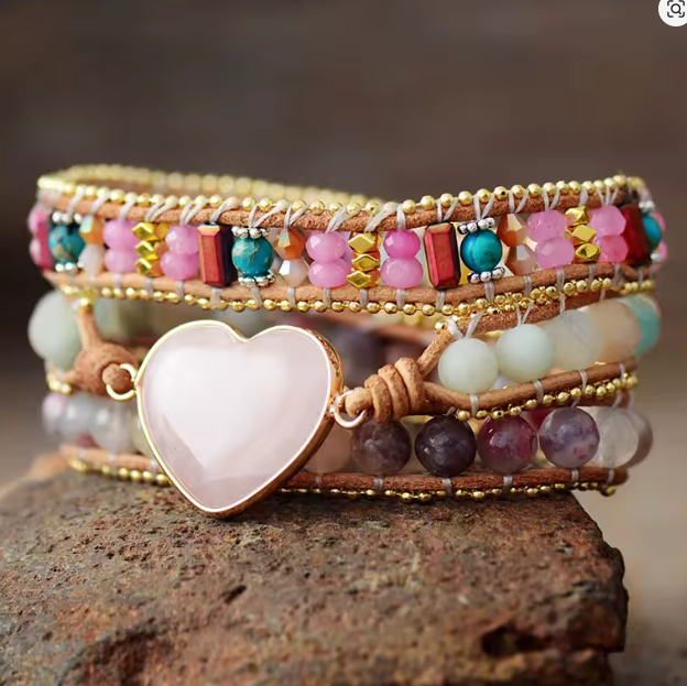 Bracelet 3 Brins en Cuir Rose et Tourmaline – Bijou Bohème Fait Main