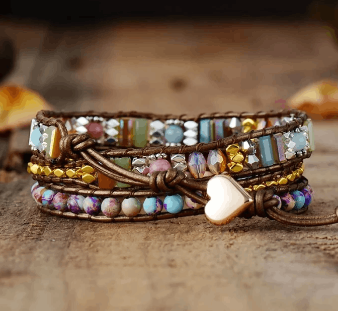 Bracelet Wrap Rhodonite & Jaspe – Cuir Naturel