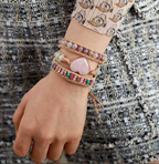 Bracelet 3 Brins en Cuir Rose et Tourmaline – Bijou Bohème Fait Main