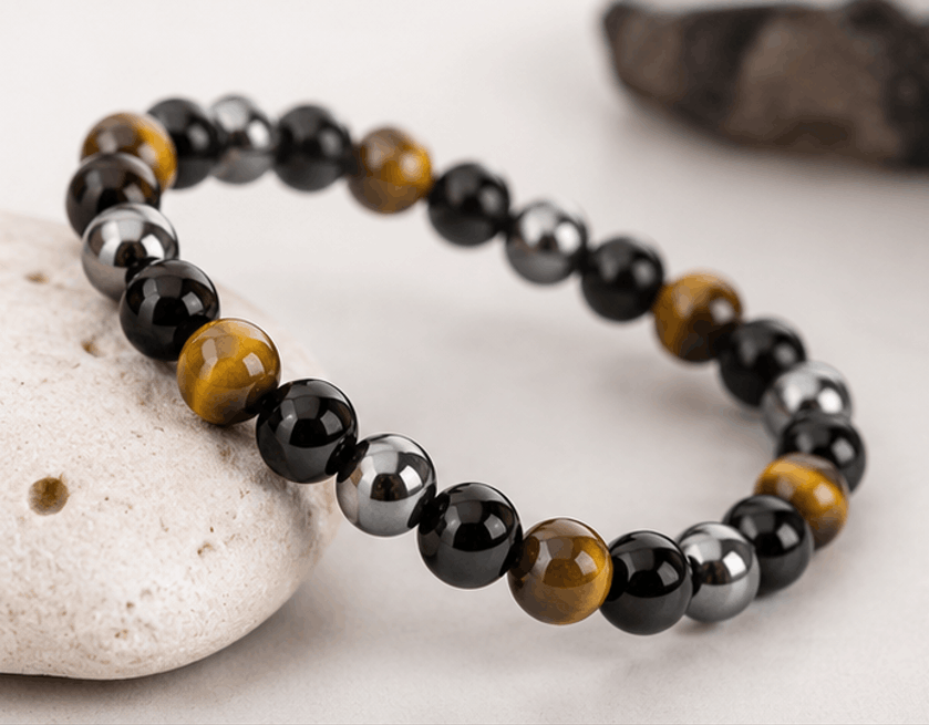 Braceleten Œil de Tigre, Obsidienne & Hématite