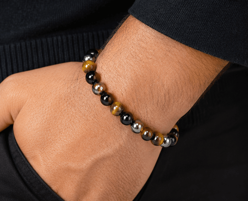 Braceleten Œil de Tigre, Obsidienne & Hématite