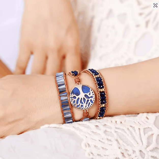 Bracelet Manchette Bohème 3 Brins en Cuir & Lapis-Lazuli – Racines d’Azur