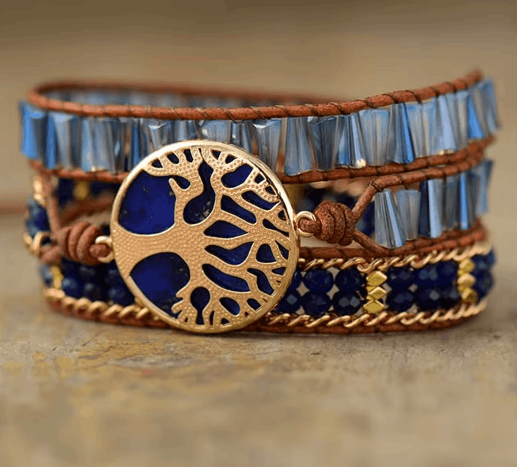 Bracelet Manchette Bohème 3 Brins en Cuir & Lapis-Lazuli – Racines d’Azur