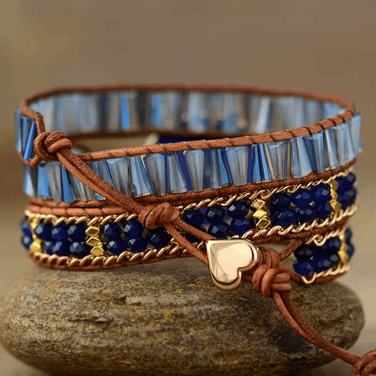 Bracelet Manchette Bohème 3 Brins en Cuir & Lapis-Lazuli – Racines d’Azur