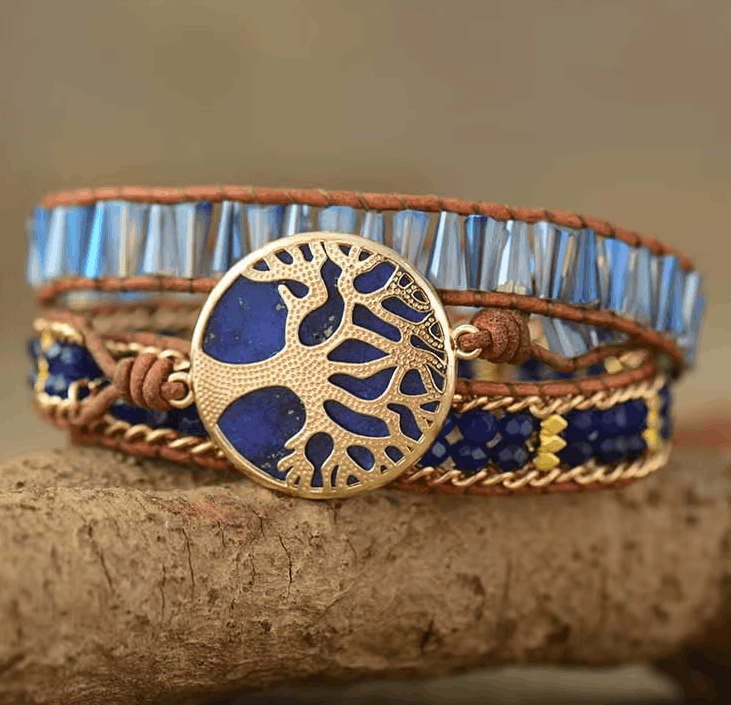 Bracelet Manchette Bohème 3 Brins en Cuir & Lapis-Lazuli – Racines d’Azur