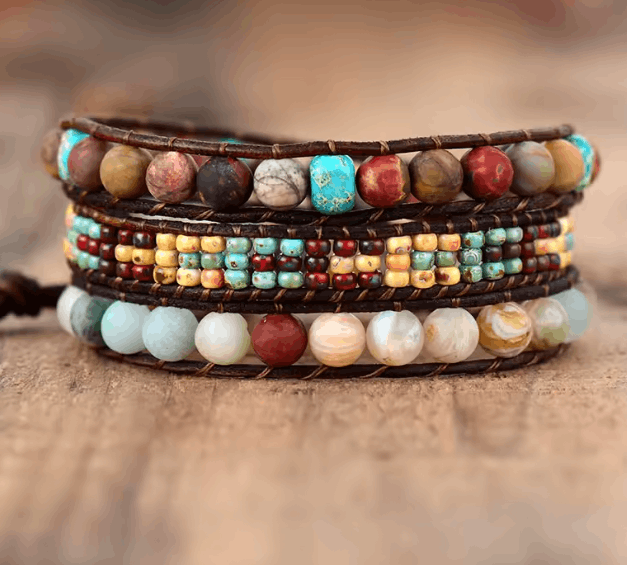 Bracelet Wrap Vintage en Jaspe – Perles en Pierre Naturelle & Cuir Bohème