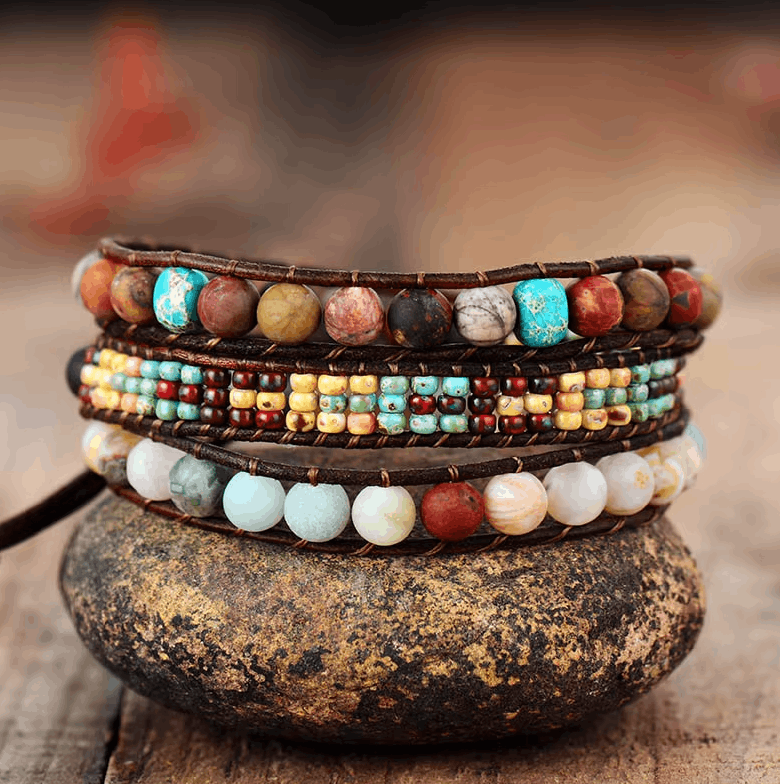 Bracelet Wrap Vintage en Jaspe – Perles en Pierre Naturelle & Cuir Bohème