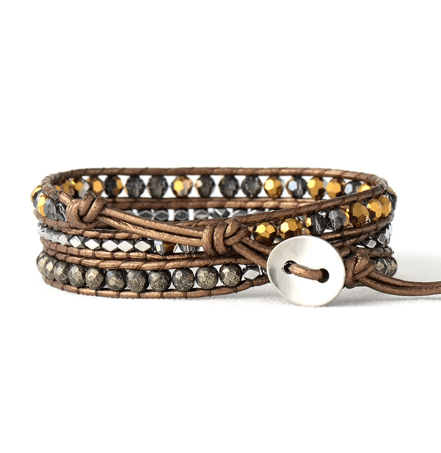 Bracelet Wrap en Cuir Tressé & Pyrite – 3 Tours