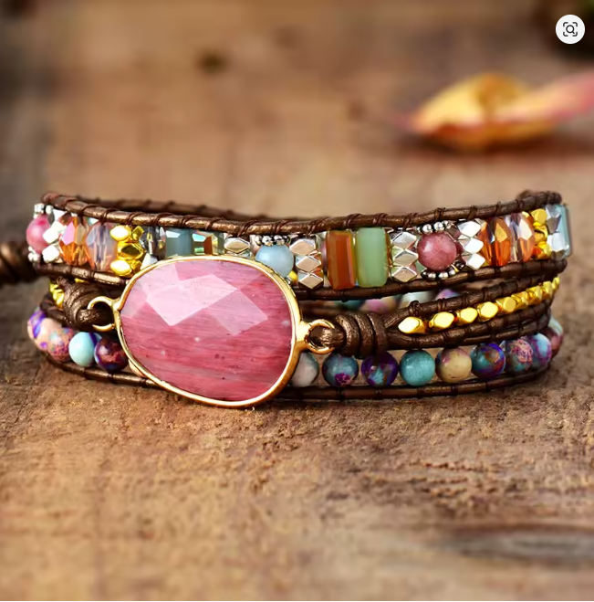 Bracelet Wrap Rhodonite & Jaspe – Cuir Naturel