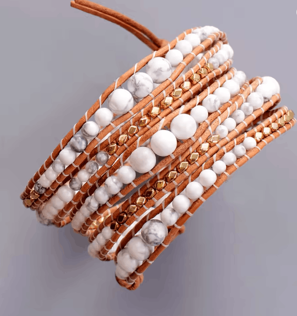 Bracelet Pure Bohème – Cuir Naturel & Perles de Howlite, 5 Brins